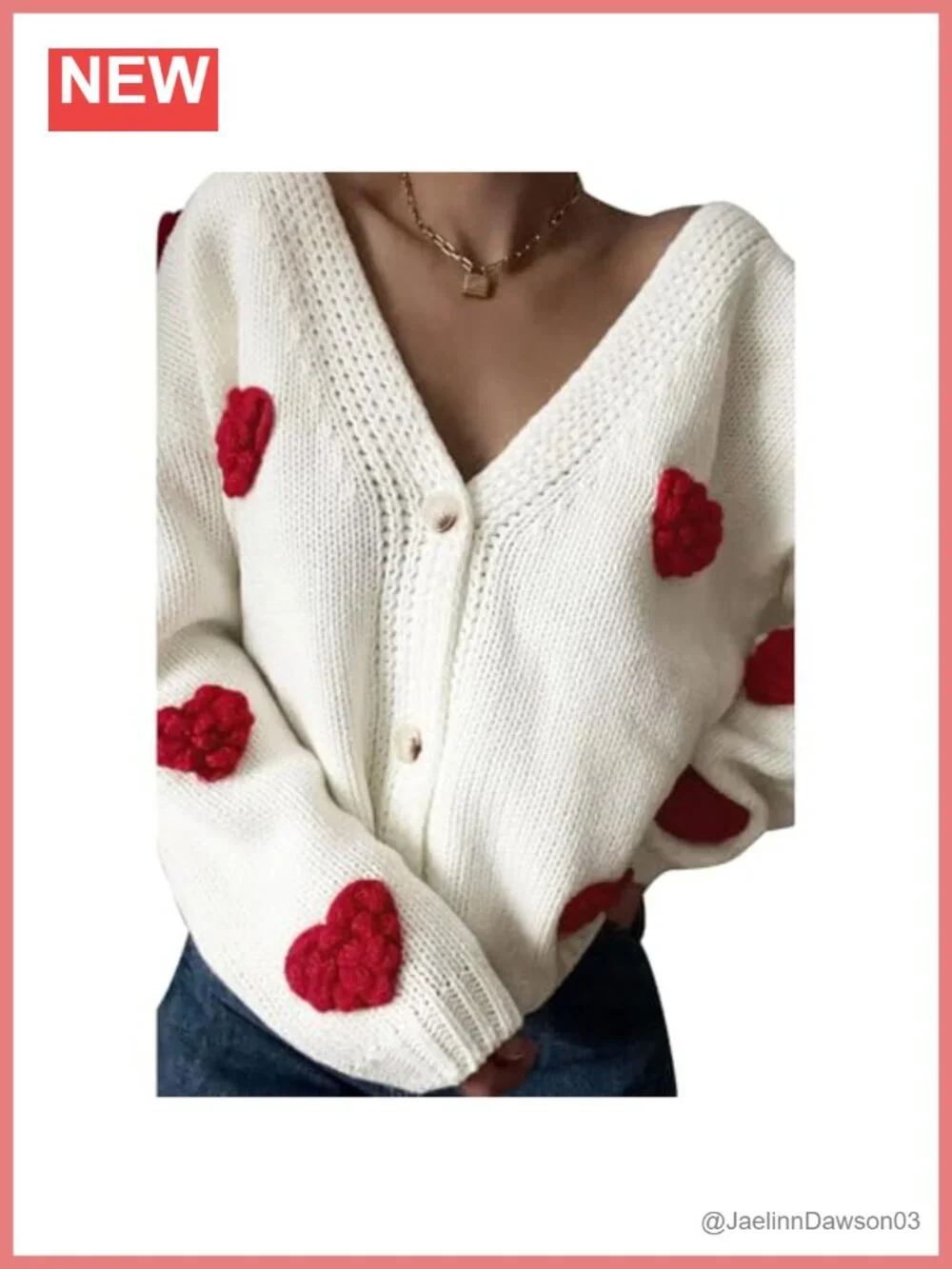CHICWISH 3D Heart Open Front Cardigan V-Neck Button-Up Cropped Knit